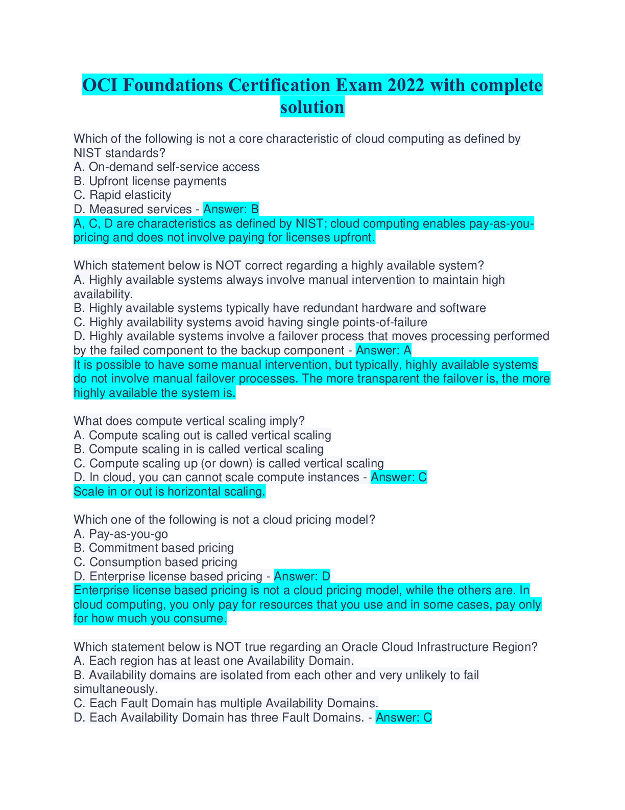 Preview image of OCI Foundations Certification Exam 2022 with complete solution document